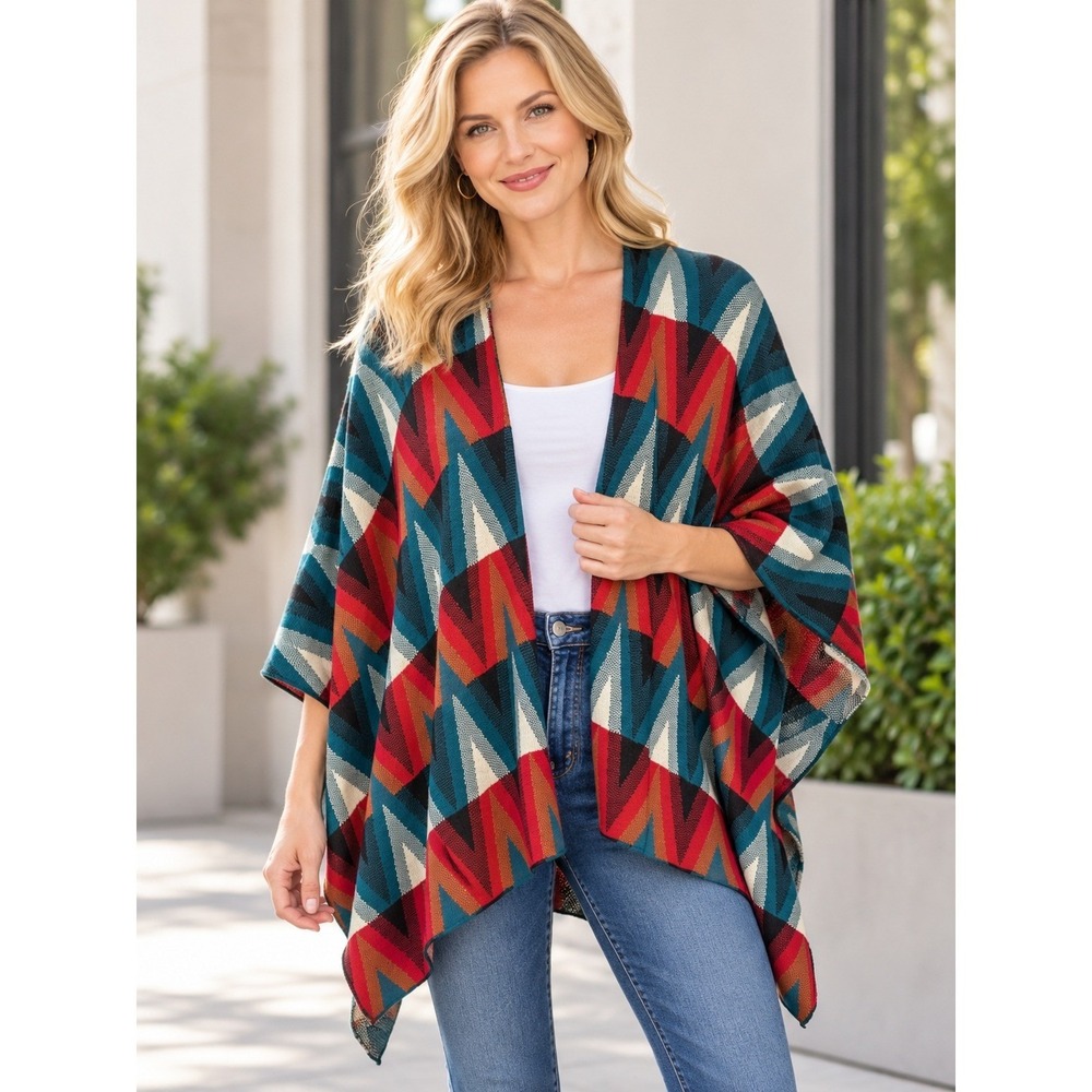 Joseph A. Kimono Poncho Womens One Size Multi Chevron Boho Southwest Button Cape